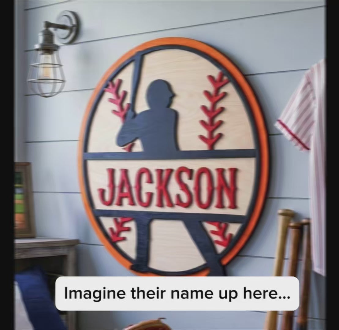 Personalized Baseball Name Sign – Layered Wood Player Silhouette, Sports Decor
