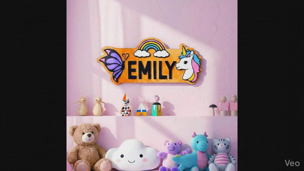 Personalized Unicorn Name Sign – Rainbow Butterfly Wood Decor