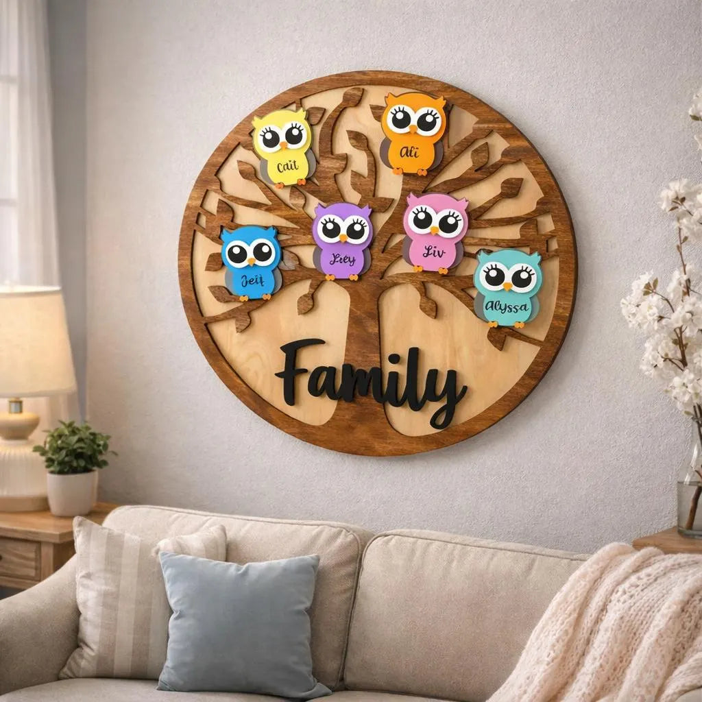 Personalized Grandchildren/Family Owl Tree Sign: Custom Wood Tree, Grandma Gift